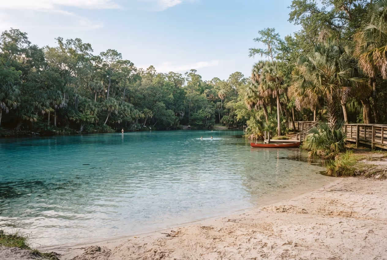 Piscina rasa de Alexander Springs com fundo de areia clara e entrada gradual cercada por palmeiras da Ocala National Forest