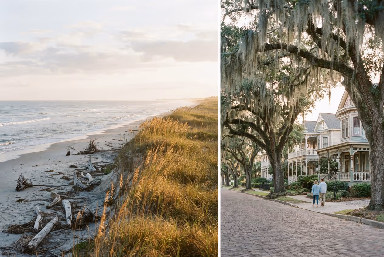 Duna alta coberta de vegetação na praia de Amelia Island com o Atlântico e céu de fim de tarde