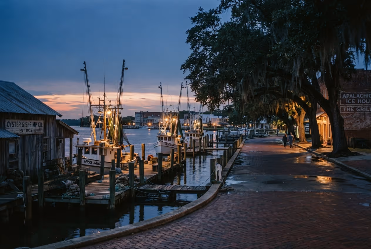Armazéns antigos de tijolo à beira do rio Apalachicola com barcos de pesca atracados no cais