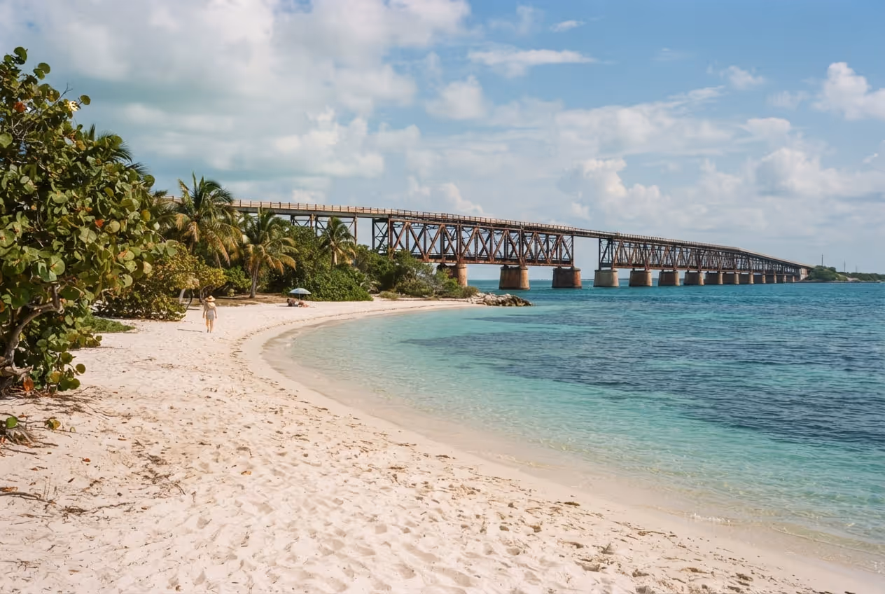 Praia de areia clara em Bahia Honda com a antiga ponte ferroviária de Flagler ao fundo sobre água turquesa