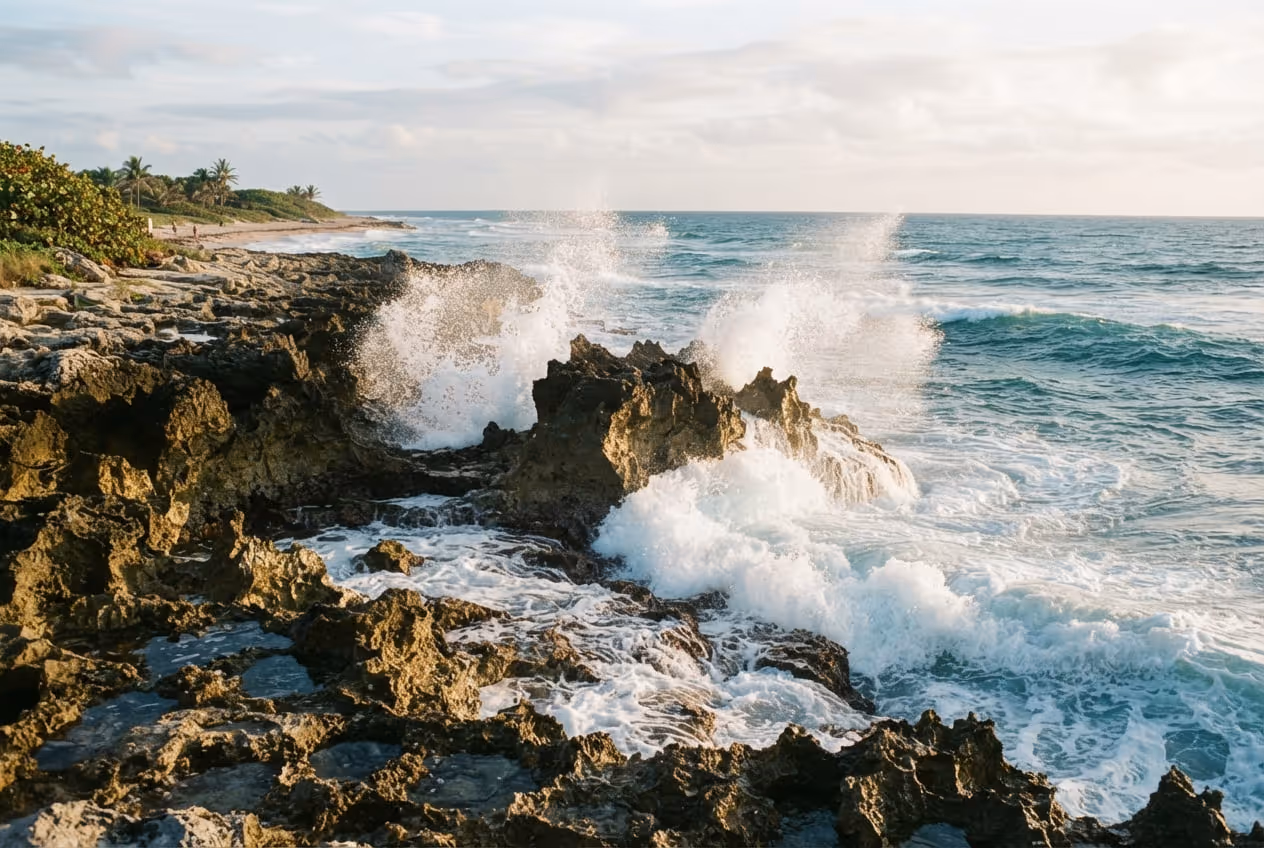 Jato de água do mar explodindo por um buraco na formação de rocha calcária escura da praia de Blowing Rocks