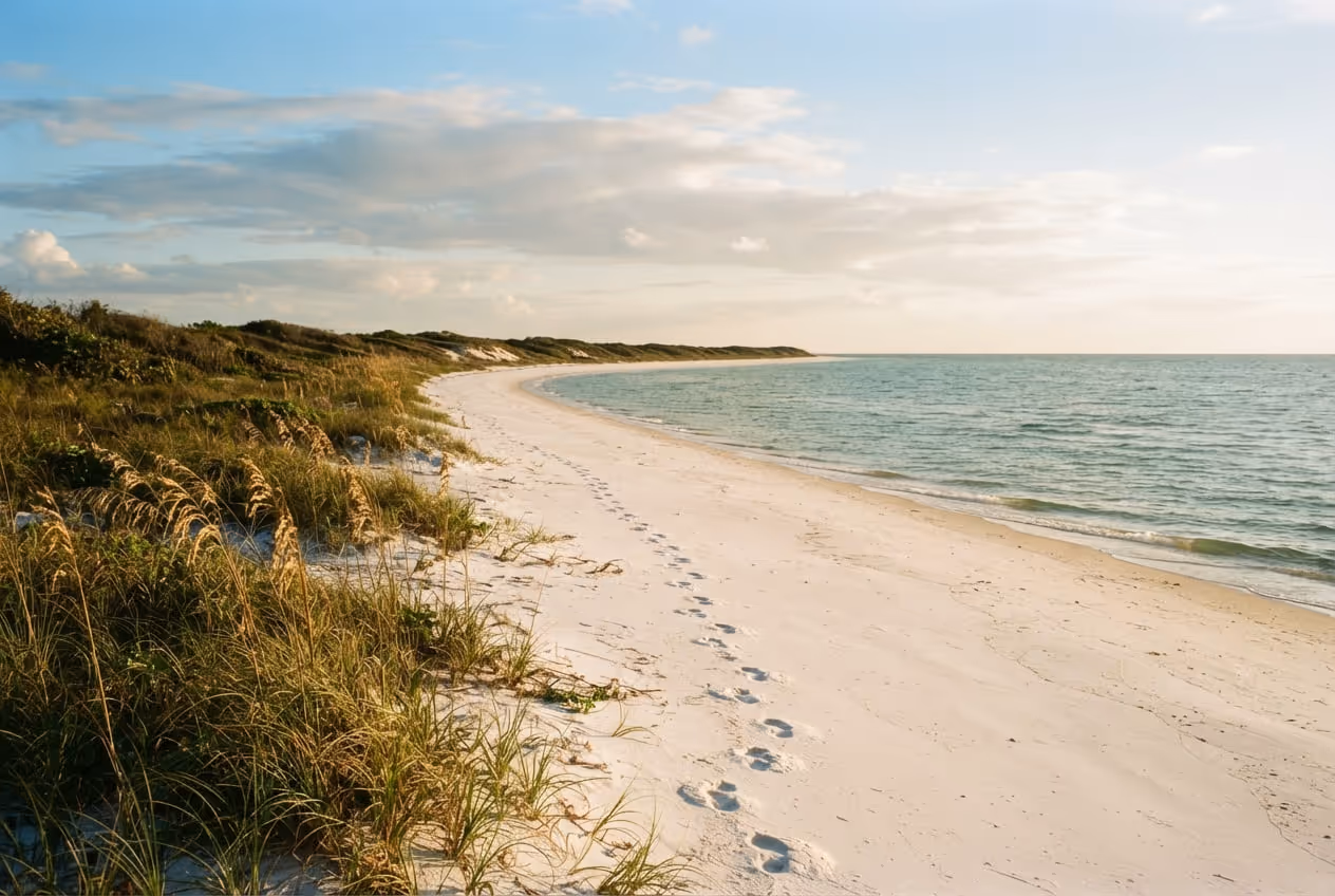 Praia deserta de Caladesi Island com dunas cobertas de vegetação nativa e nenhuma construção à vista