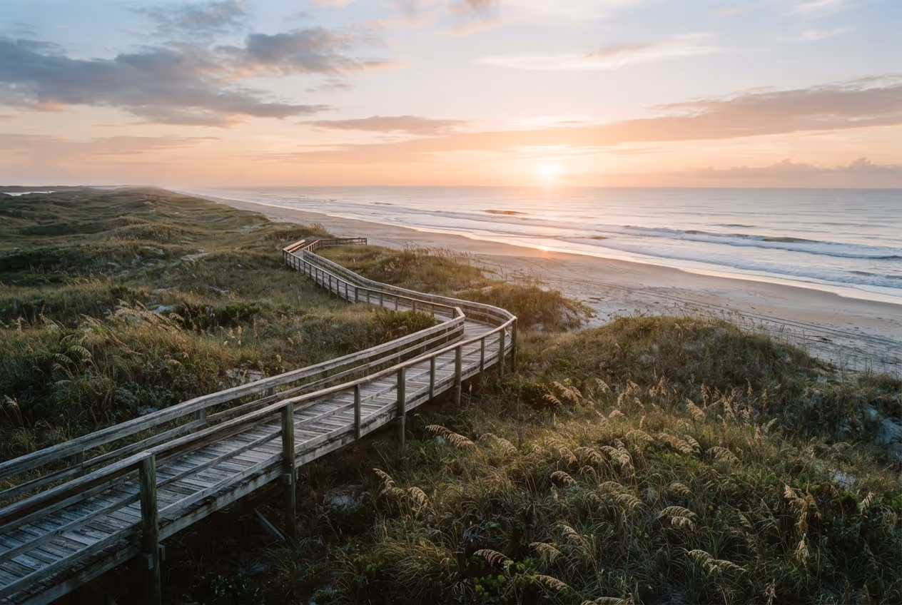 Faixa de praia deserta de Canaveral National Seashore com dunas cobertas de vegetação e nenhuma construção