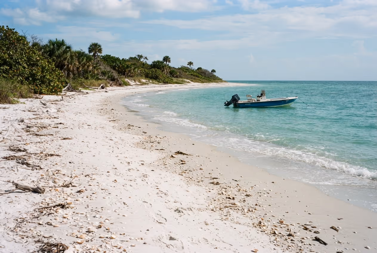 Praia deserta de Cayo Costa com troncos brancos caídos na areia e o Golfo do México calmo ao fundo