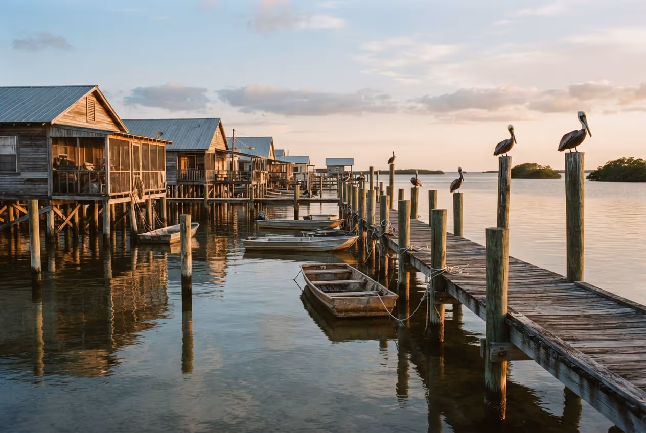 Casas de palafita sobre a água em Cedar Key com barcos de pesca ancorados ao entardecer