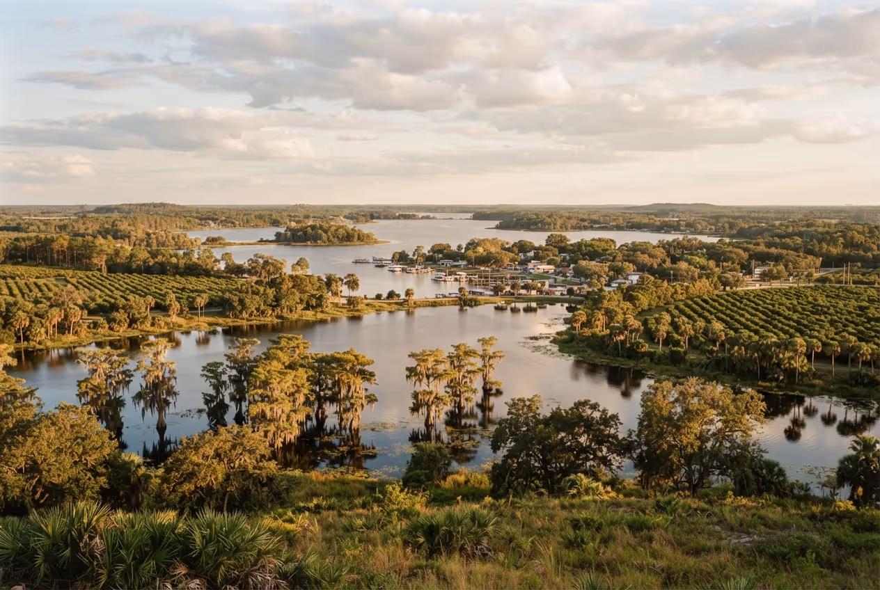 Lago cercado de carvalhos e musgo espanhol no interior da Flórida central ao amanhecer