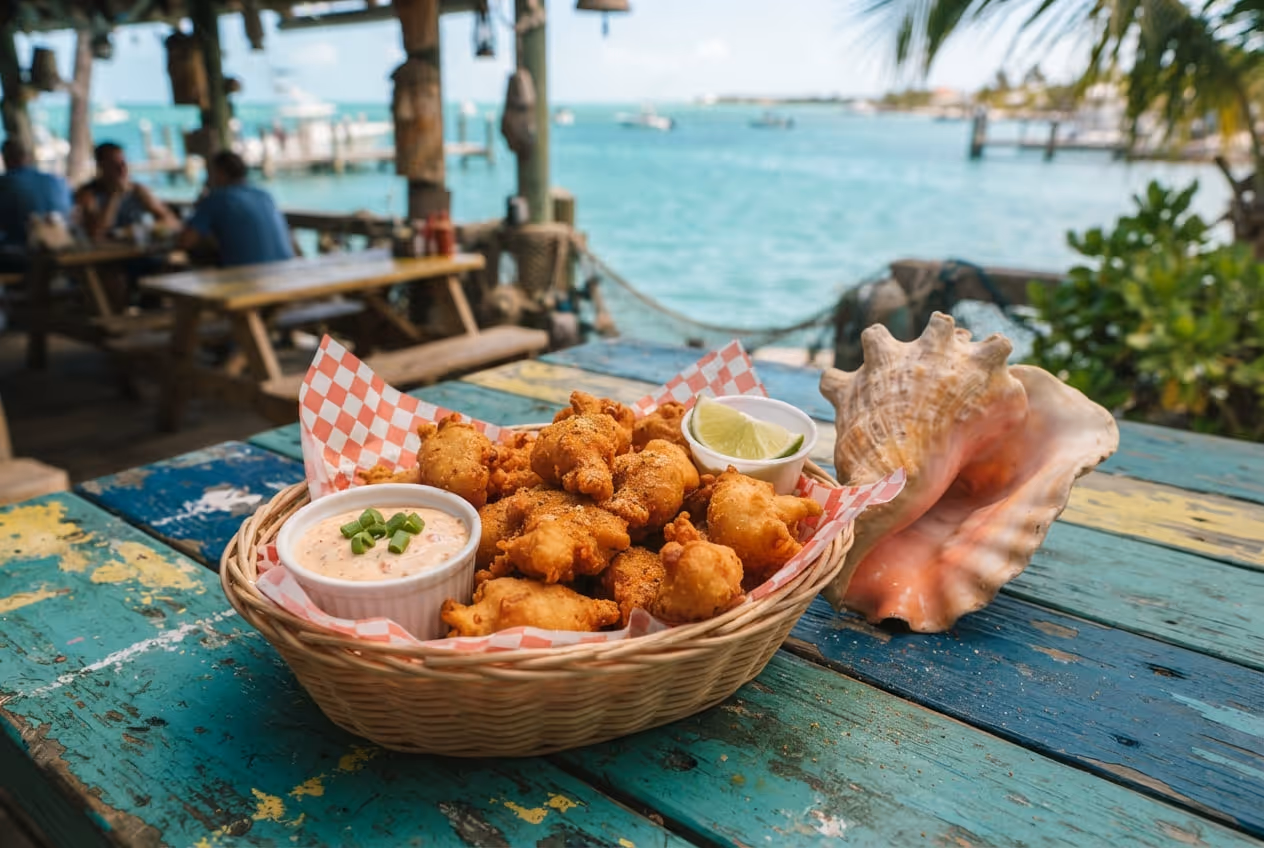 Sanduíche de peixe grelhado e bolinhos de conch servidos em cesta de papel numa mesa de madeira à beira d'água