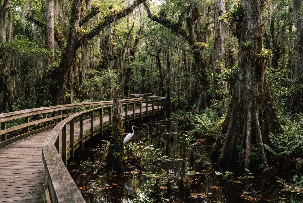 Passarela de madeira atravessando troncos gigantes de cipreste-calvo com samambaias na água escura em Corkscrew Swamp
