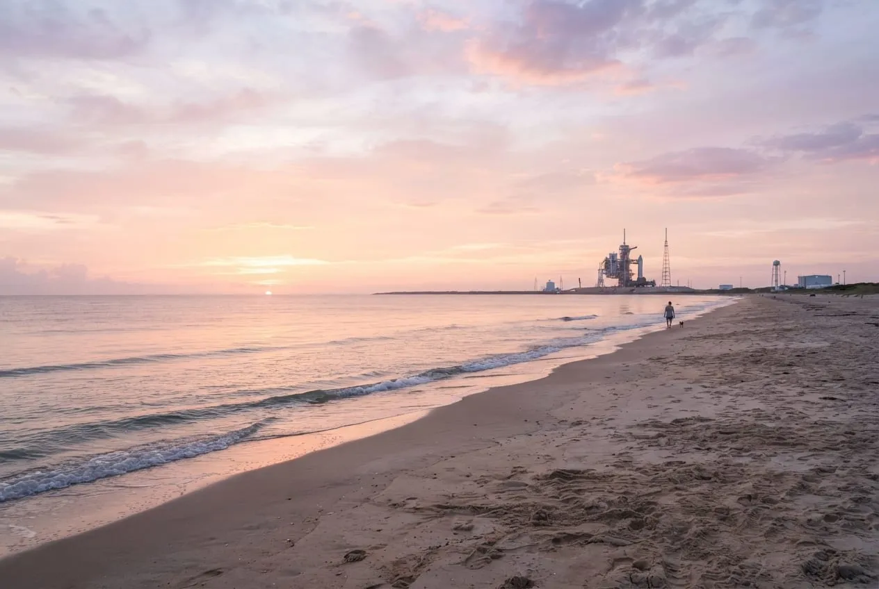 Praia larga ao amanhecer com a torre de uma plataforma de lançamento ao longe e céu rosado