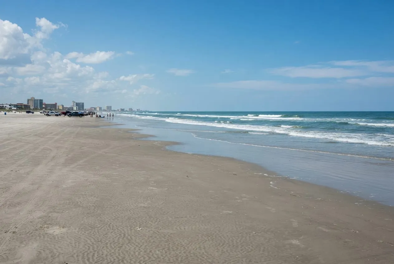 Faixa larga de areia dura na maré baixa, carros estacionados ao longe e ondas do Atlântico quebrando