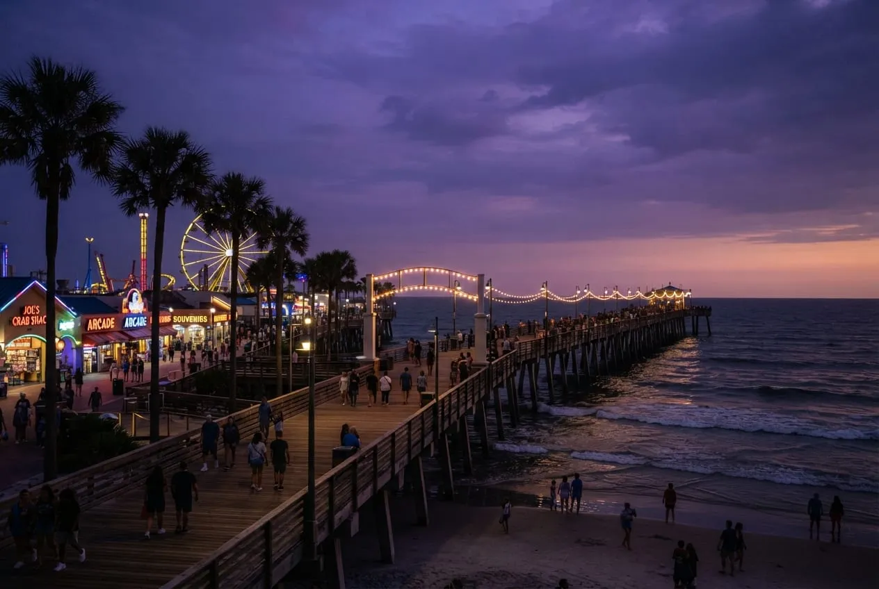 Calçadão e píer à beira-mar no crepúsculo, com as luzes retrô do parque de diversões acendendo