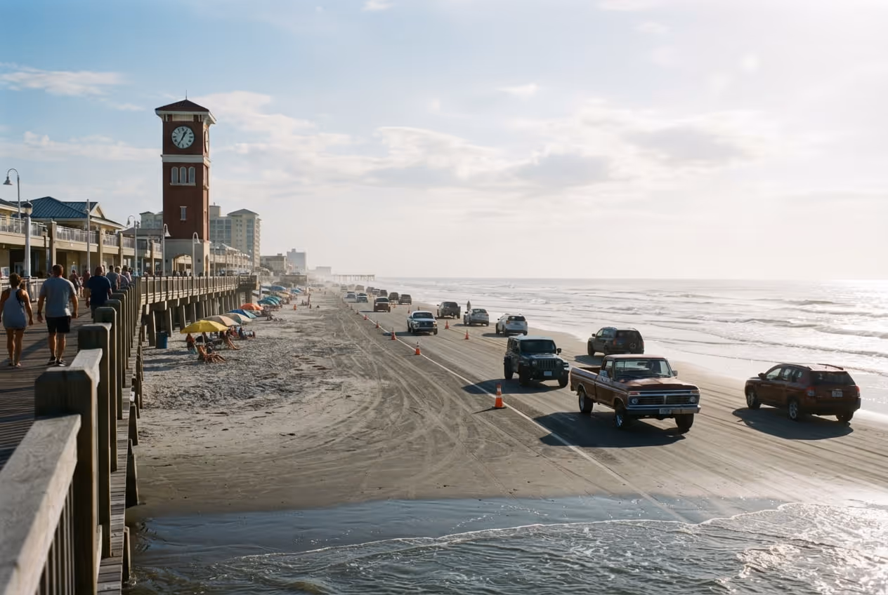 Faixa larga de areia compacta em Daytona Beach com carros estacionados sobre a areia e o píer de madeira ao fundo