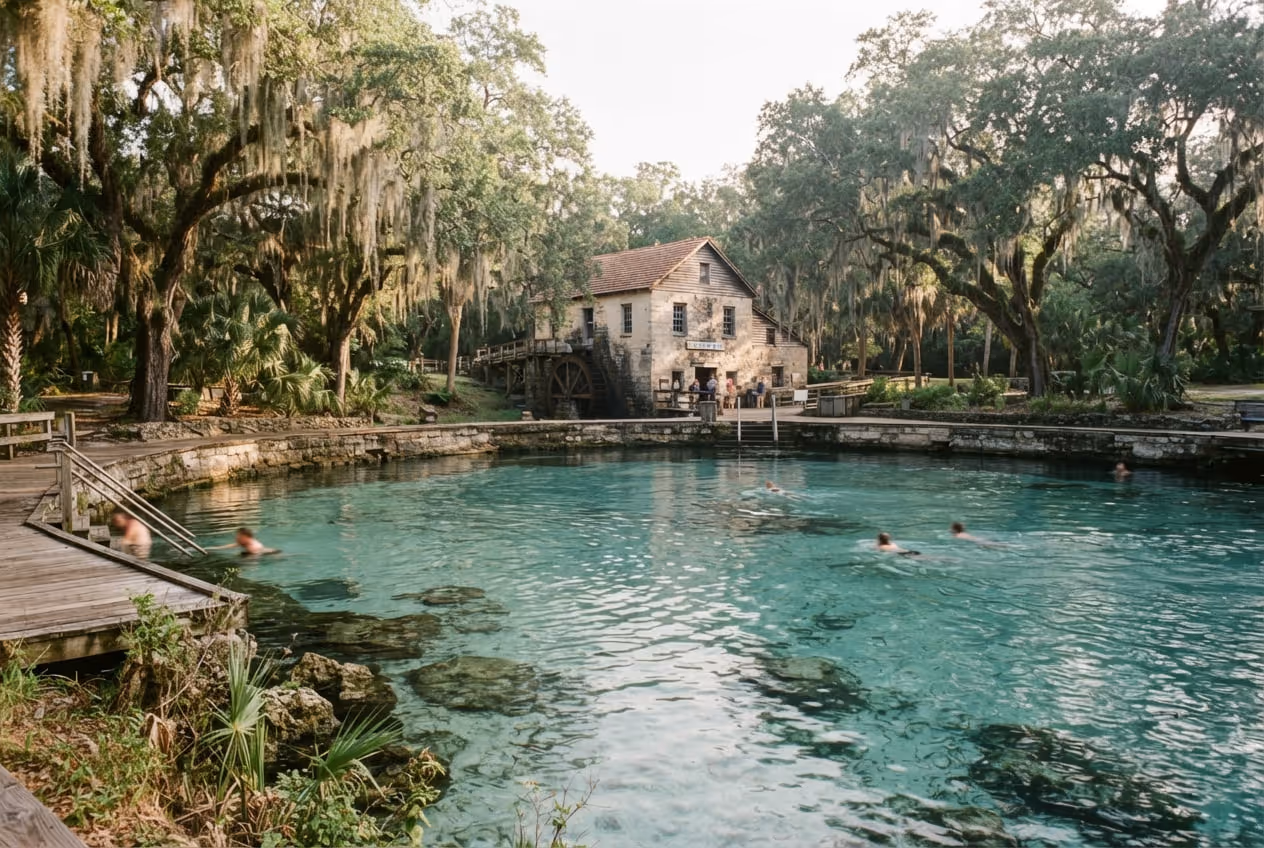 Piscina circular de De Leon Springs com muro de pedra, água azul clara e carvalhos com barba-de-velho ao redor