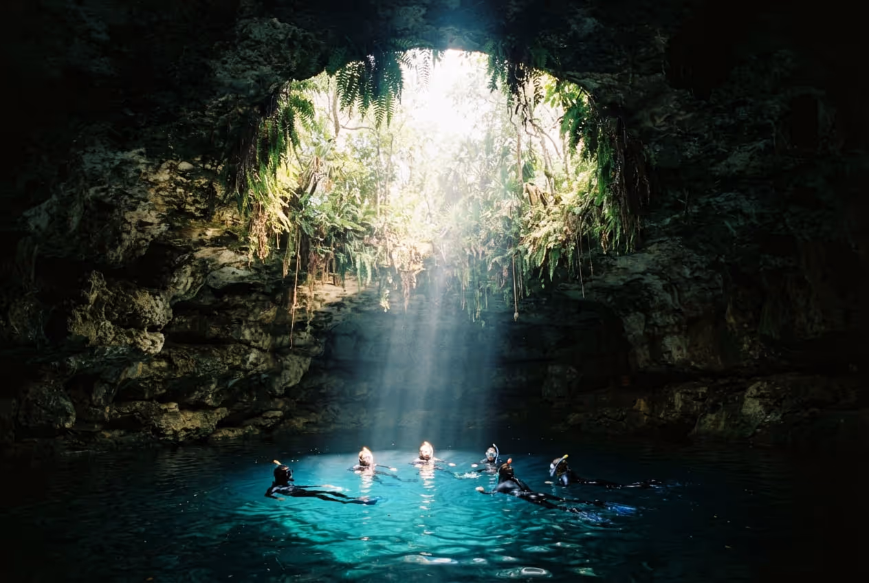 Interior da caverna de Devil's Den com raio de luz entrando pela abertura no teto sobre a água azul e escadas de madeira