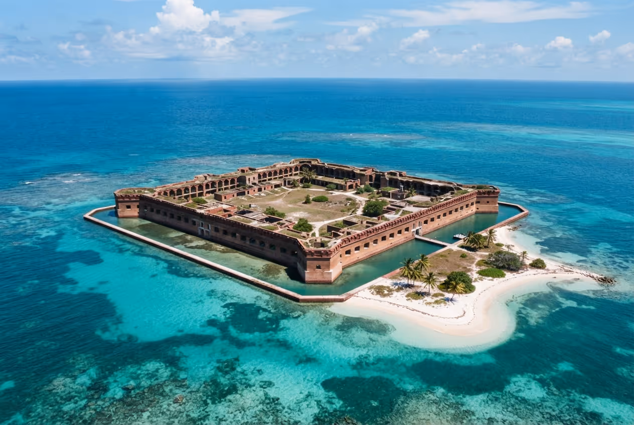 Fortaleza hexagonal de tijolo de Fort Jefferson cercada por água turquesa vista do alto