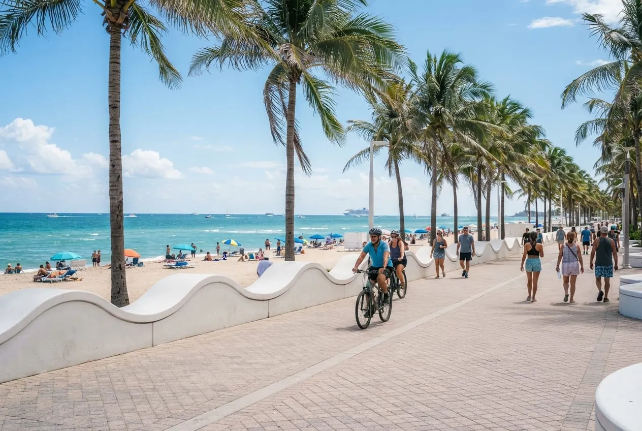 Calçadão da praia com o muro branco ondulado, palmeiras altas e o Atlântico logo atrás