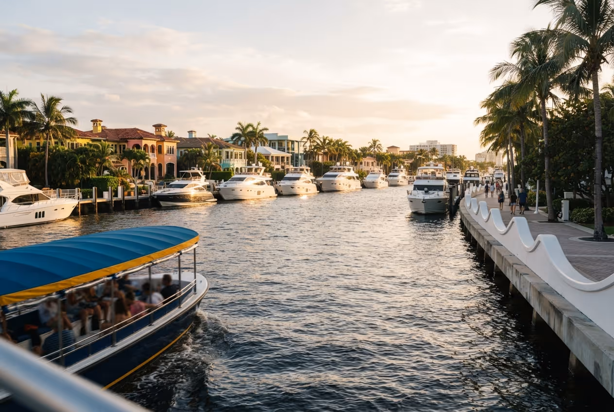 Calçadão de Fort Lauderdale com o muro branco ondulado, palmeiras e a faixa de areia da praia ao lado da avenida A1A