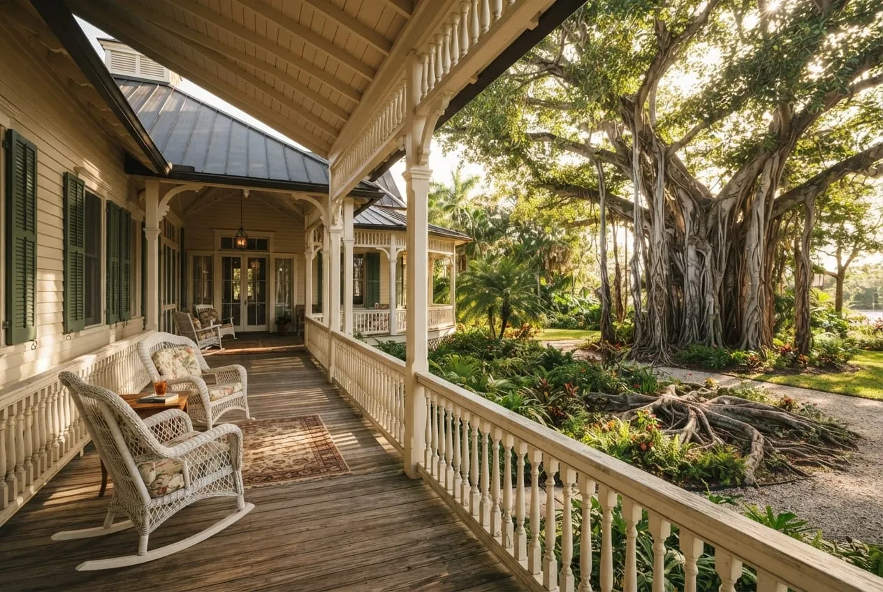 Varanda de casa histórica de inverno com balaustrada branca, cadeiras de balanço e figueira-de-bengala no jardim