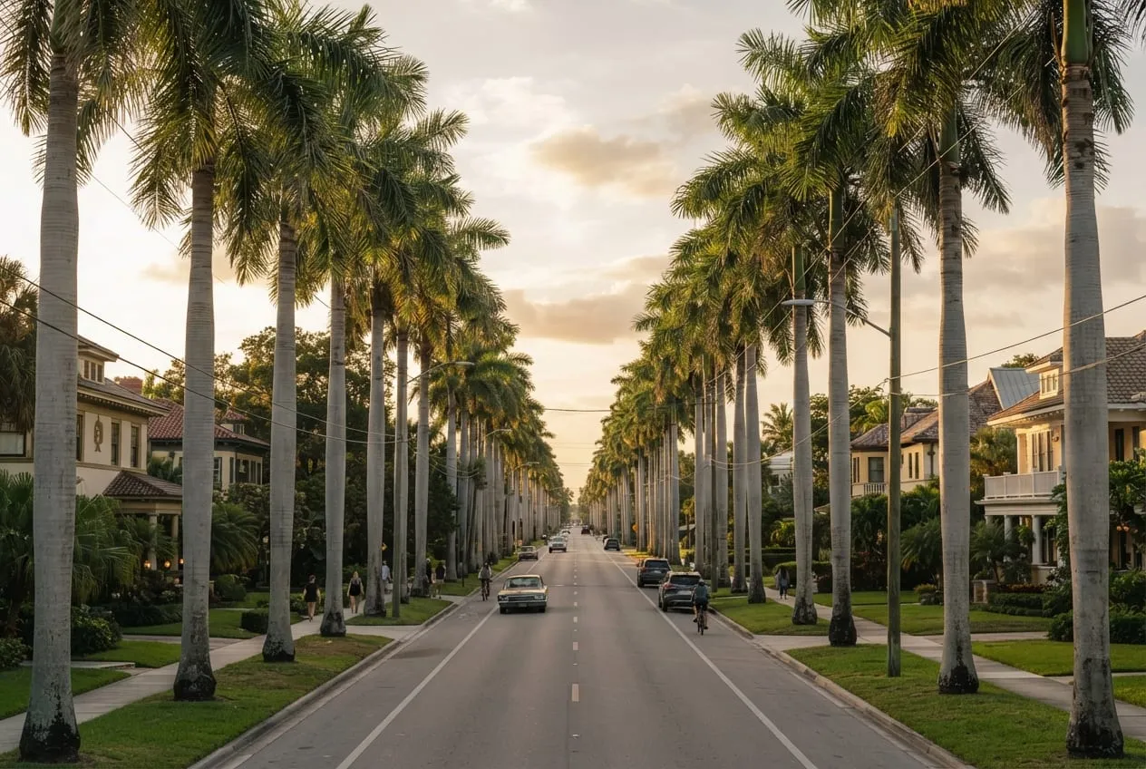 Avenida ladeada por palmeiras-reais altíssimas dos dois lados, com casas históricas ao fundo