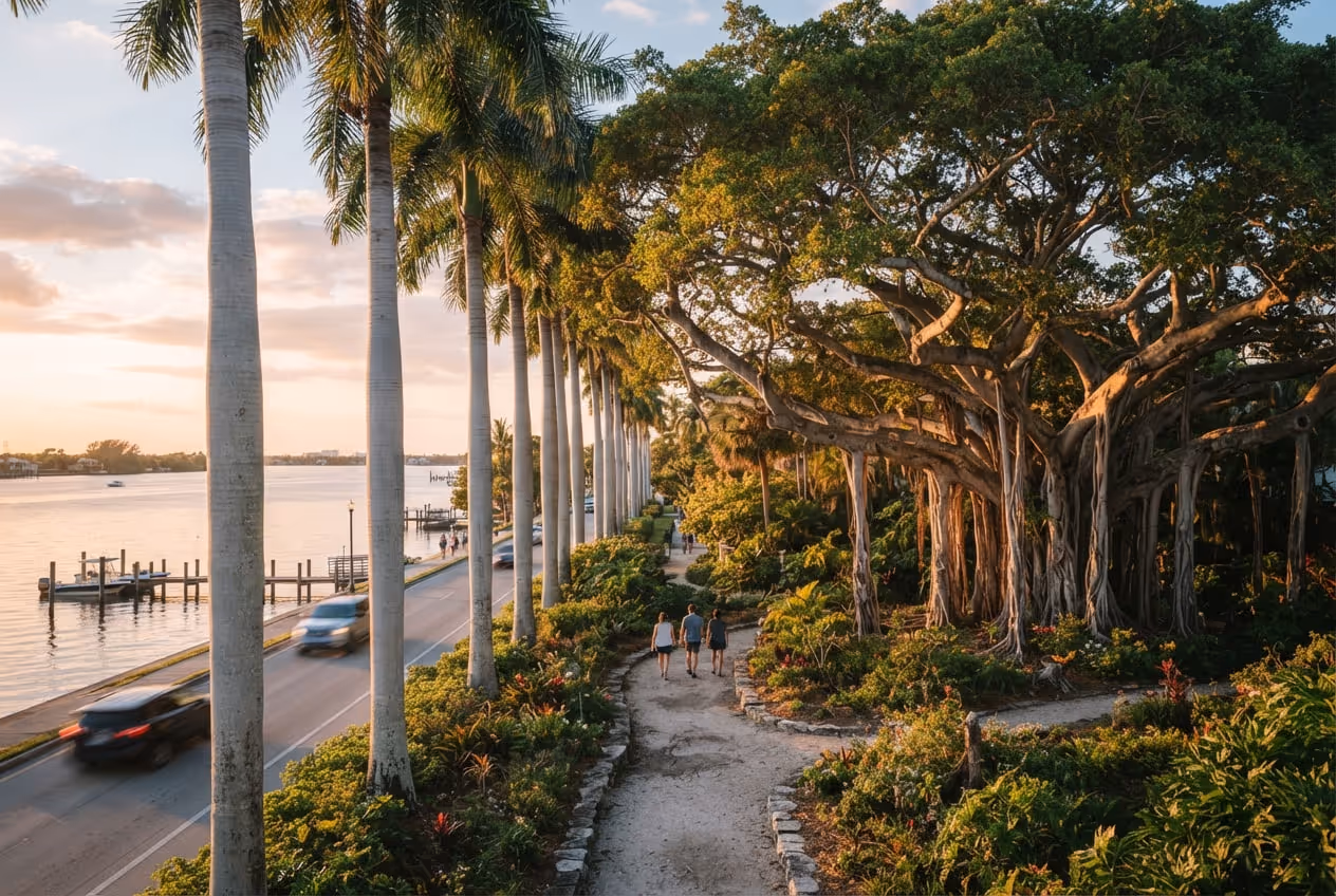Alameda de palmeiras-reais na McGregor Boulevard em Fort Myers, com casa de madeira branca ao fundo