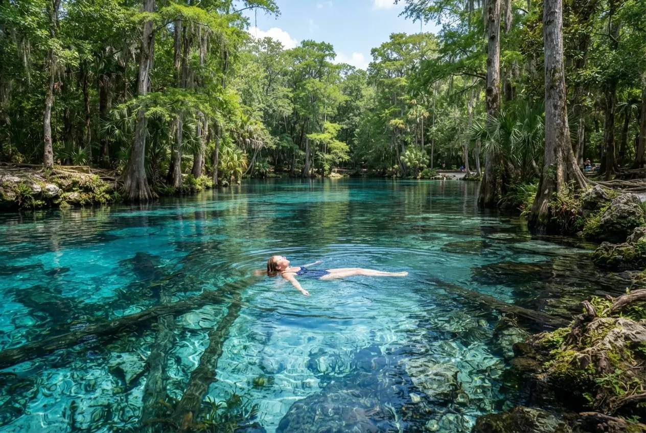 Nascente de água cristalina no meio da mata, azul sobre calcário branco, com ciprestes na margem