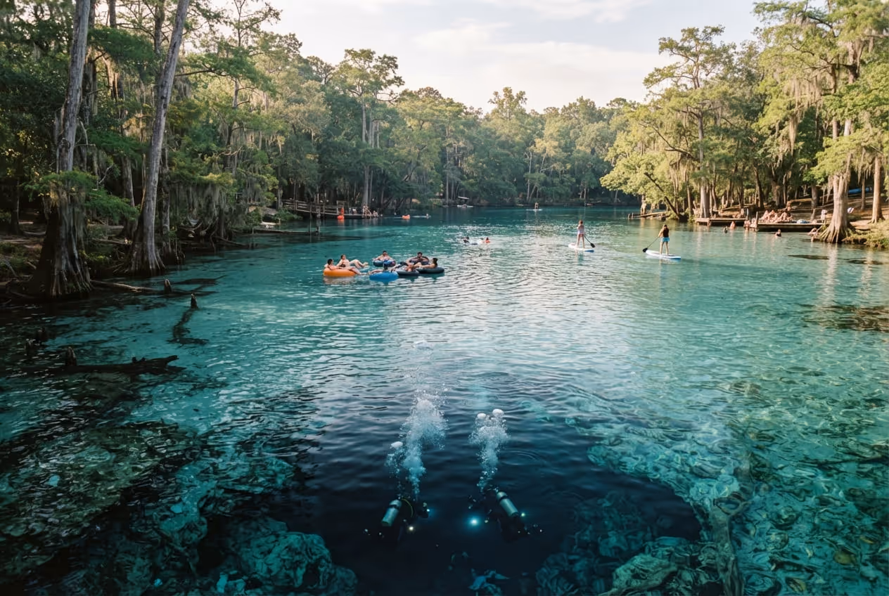 Água azul transparente das nascentes de Ginnie Springs às margens do rio Santa Fe, com boias e vegetação alta na margem