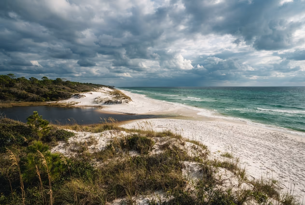 Duna de areia branca de Grayton Beach com o lago costeiro escuro à esquerda e o Golfo esverdeado à direita