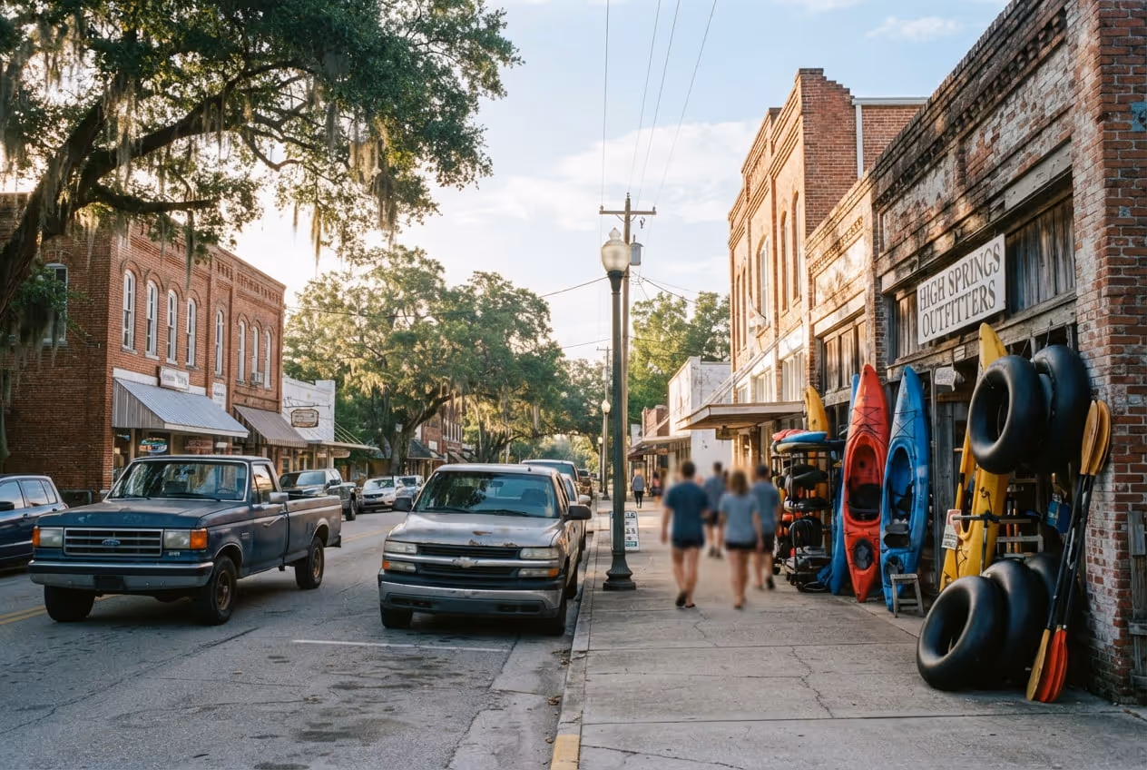 Rua principal de High Springs com prédios baixos de tijolo, antiquários e placa antiga sob céu limpo