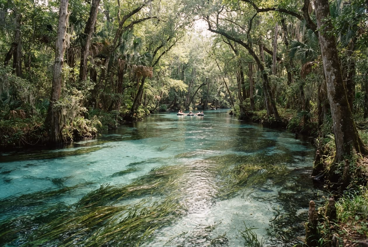 Rio Ichetucknee de água transparente correndo entre margens de floresta densa sem construções