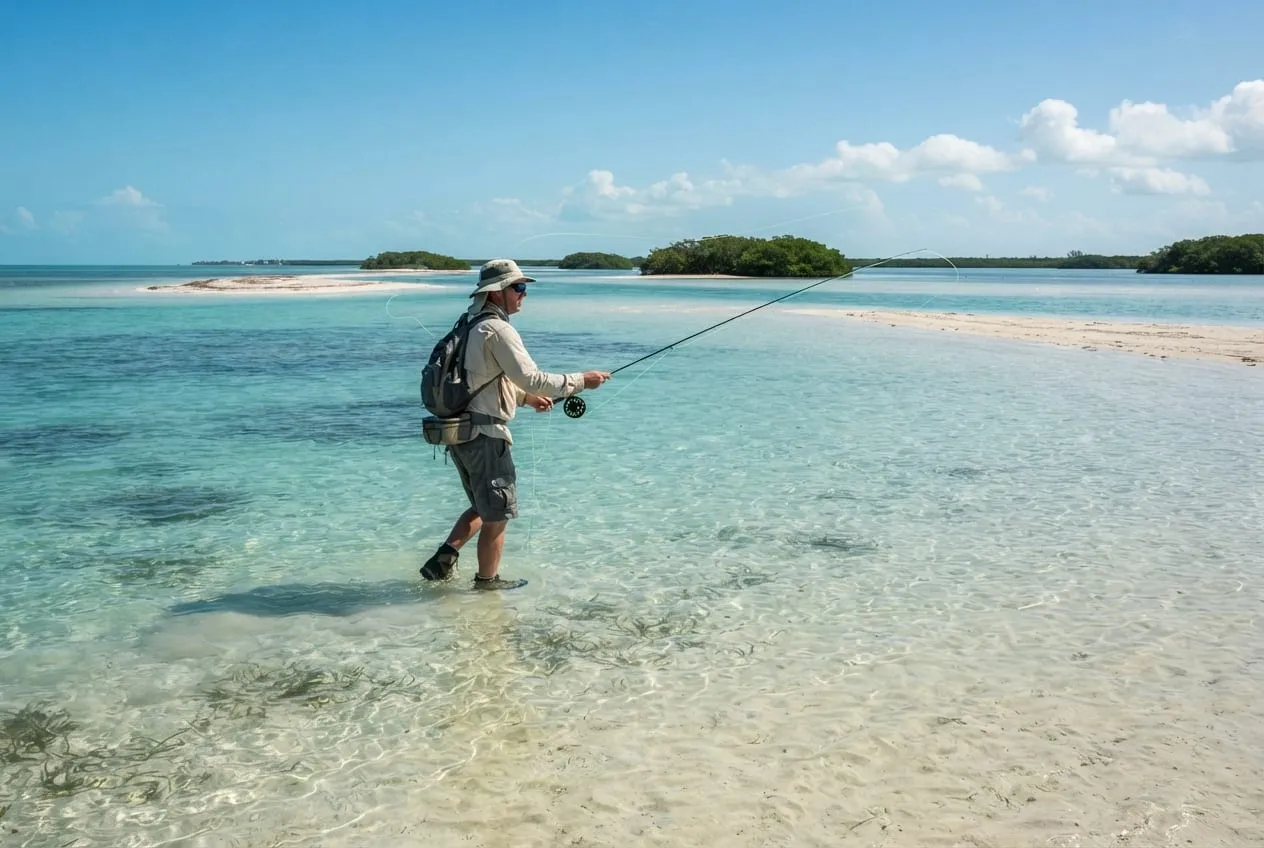 Baixios turquesa na maré baixa, um pescador sozinho de vara na água entre bancos de areia e ilhotas de mangue