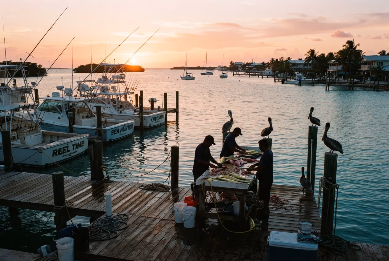 Doca de madeira em Islamorada ao entardecer com barcos de pesca amarrados e água rasa esverdeada