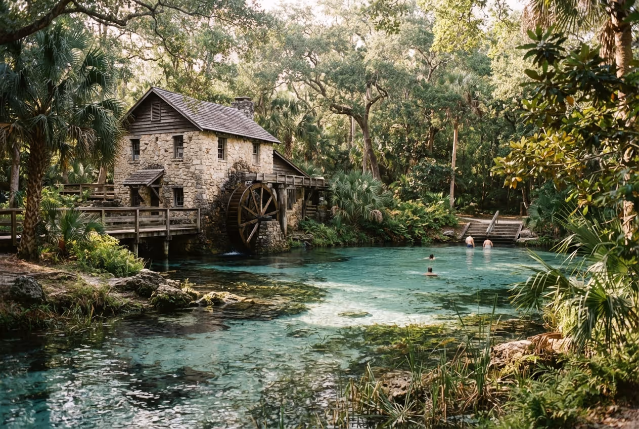 Casa de moinho de pedra com roda d'água sobre a piscina de Juniper Springs cercada por palmeiras e mata da Ocala National Forest