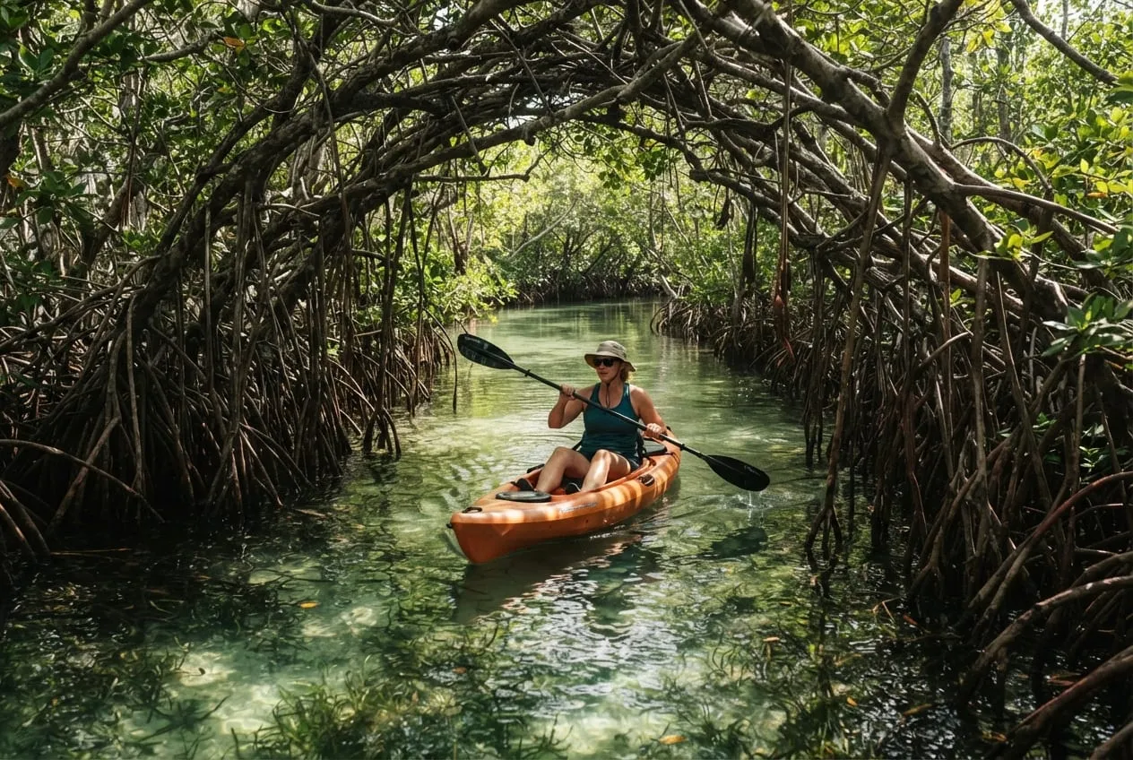 Caiaque atravessando um canal estreito de mangue entre raízes arqueadas, sobre água rasa e esverdeada