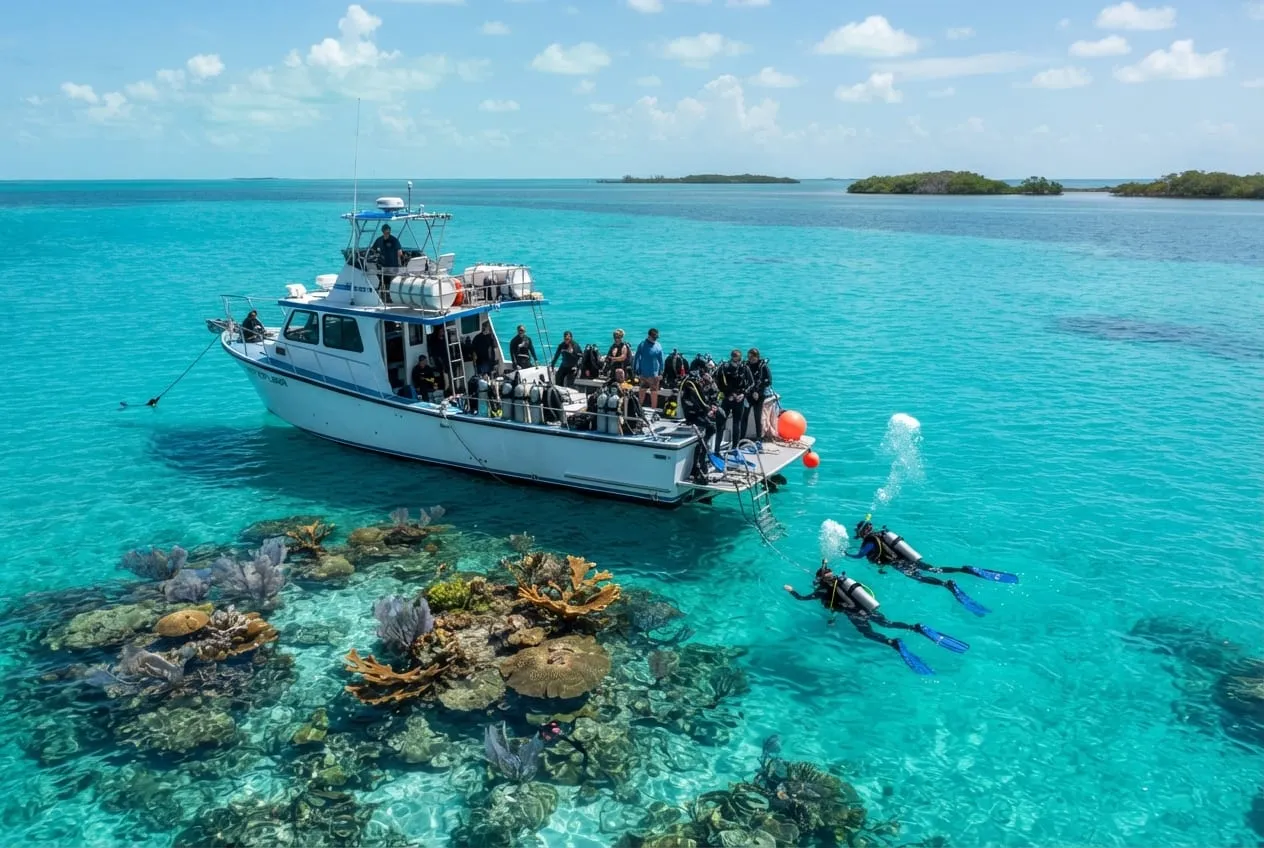 Barco de mergulho ancorado sobre recife turquesa, mergulhadores na água e mar calmo sob sol forte