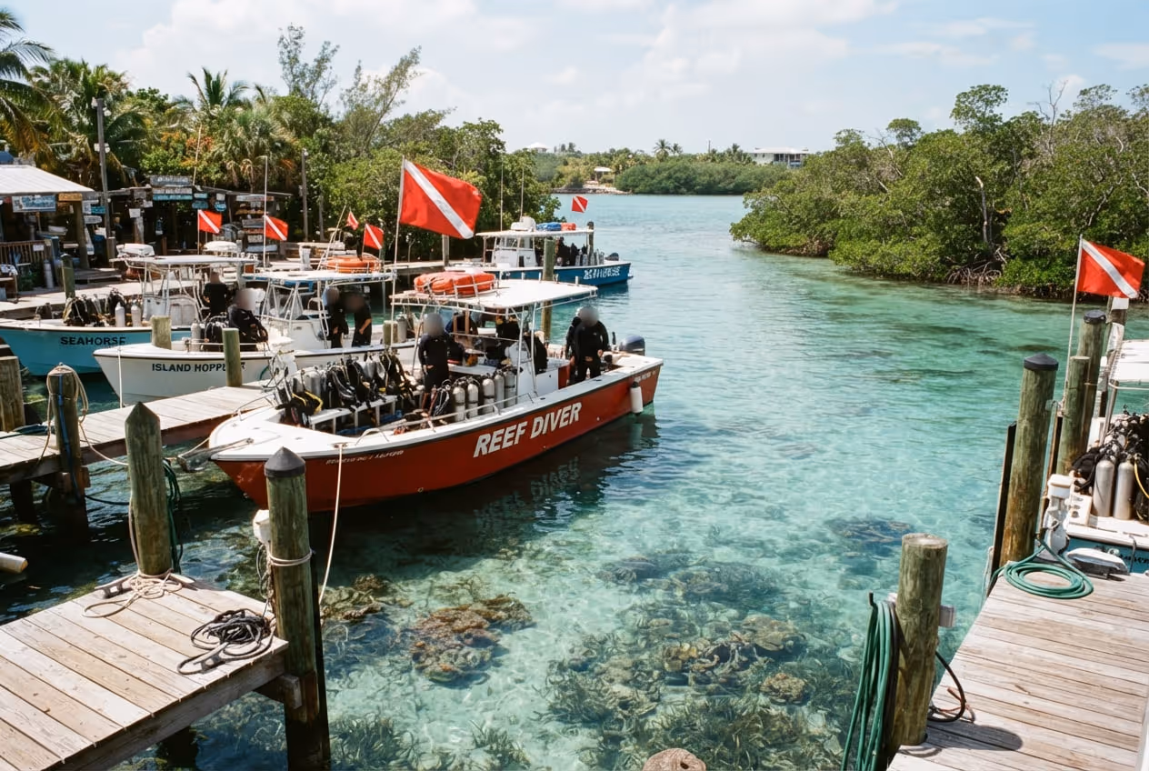 Água rasa e transparente sobre o recife em Key Largo com barco de mergulho ancorado ao fundo