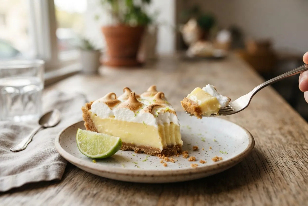 Merengue tostado sobre recheio amarelo-esverdeado e base de biscoito, com um gomo de limão no prato