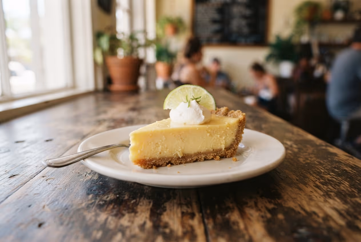 Fatia de key lime pie de recheio amarelo-claro sobre crosta de biscoito, coberta com chantilly, em prato branco