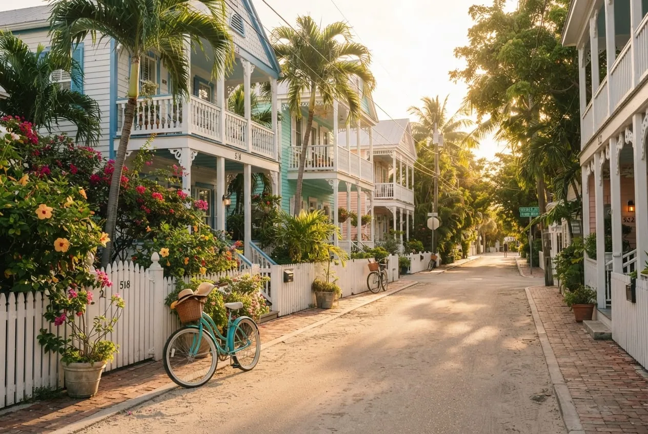 Rua residencial de Key West com casas conch de madeira, varandas rendilhadas, cerca branca e bicicleta encostada no portão