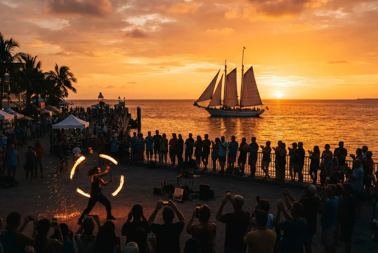Público em silhueta na amurada de Mallory Square e uma escuna de mastro alto cruzando o céu alaranjado