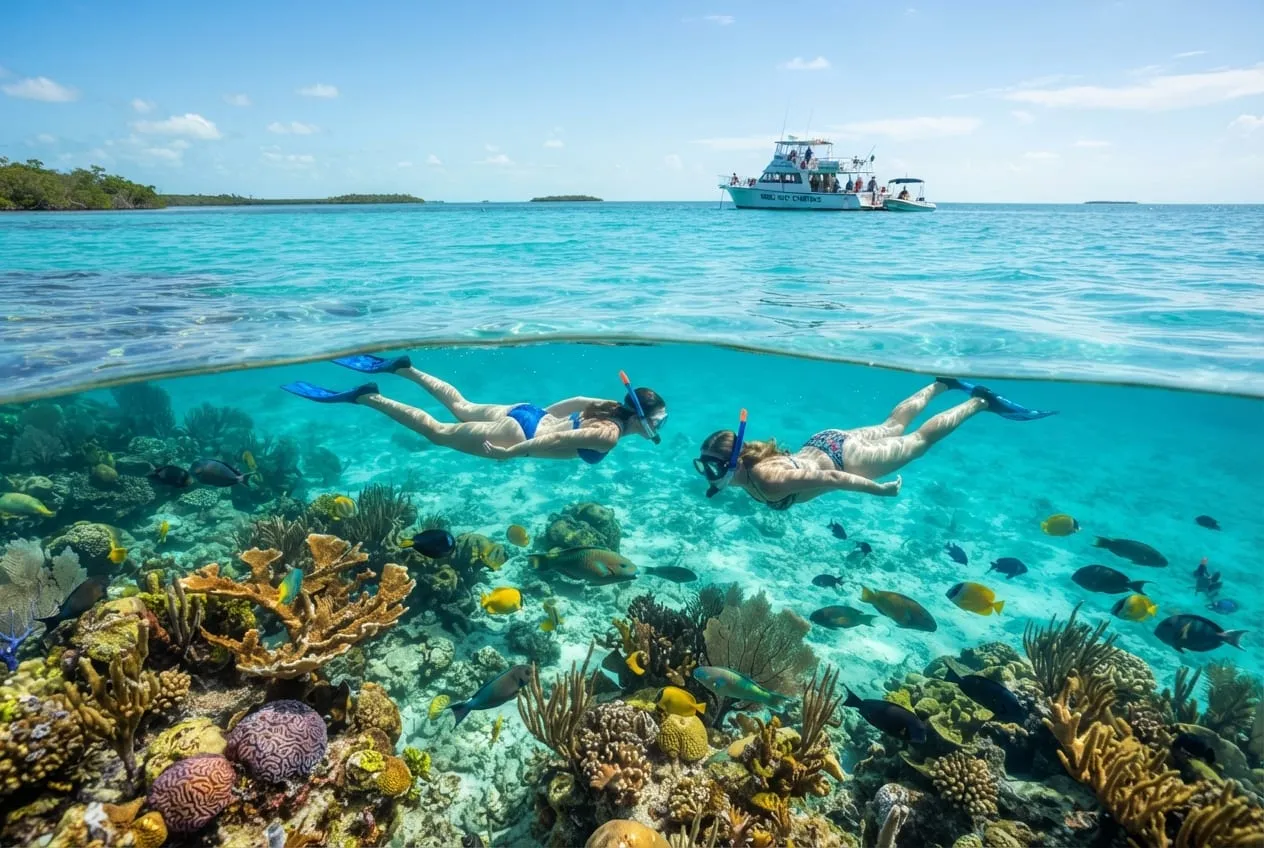 Mergulhadores de snorkel sobre recife de coral em água turquesa rasa, peixes tropicais e barco ancorado ao fundo