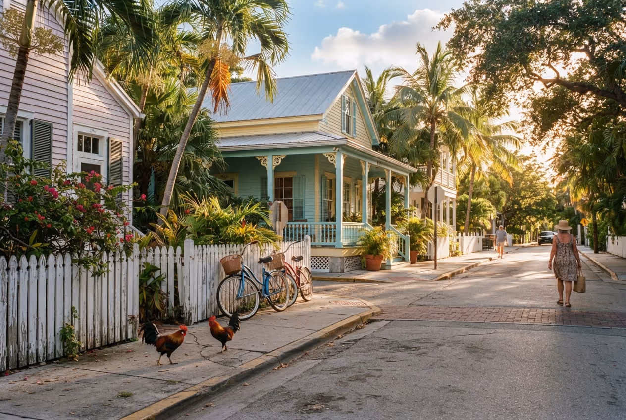 Casas conch de madeira branca com varanda e persianas na rua histórica de Key West sob palmeiras