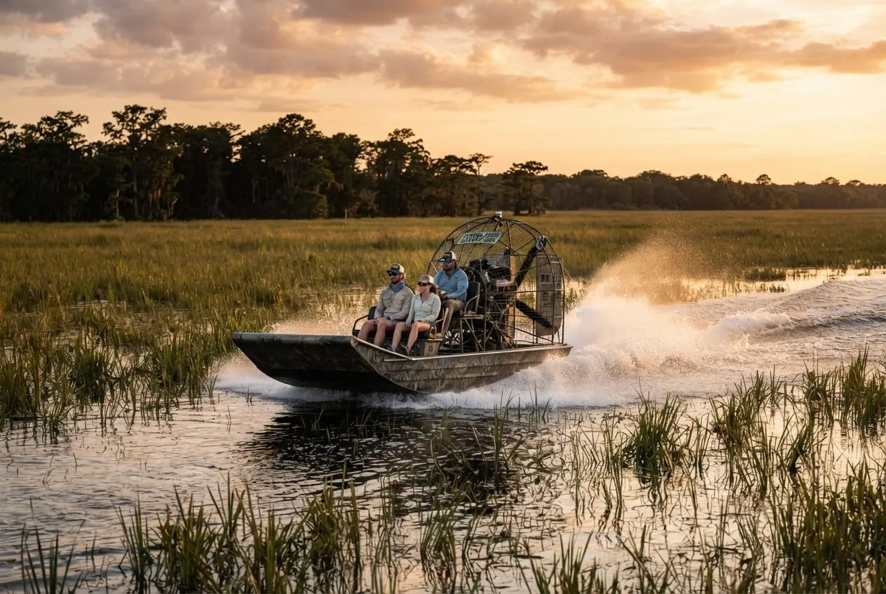 Airboat cruzando lago raso entre a grama-de-serra na luz dourada, com silhuetas de ciprestes no horizonte