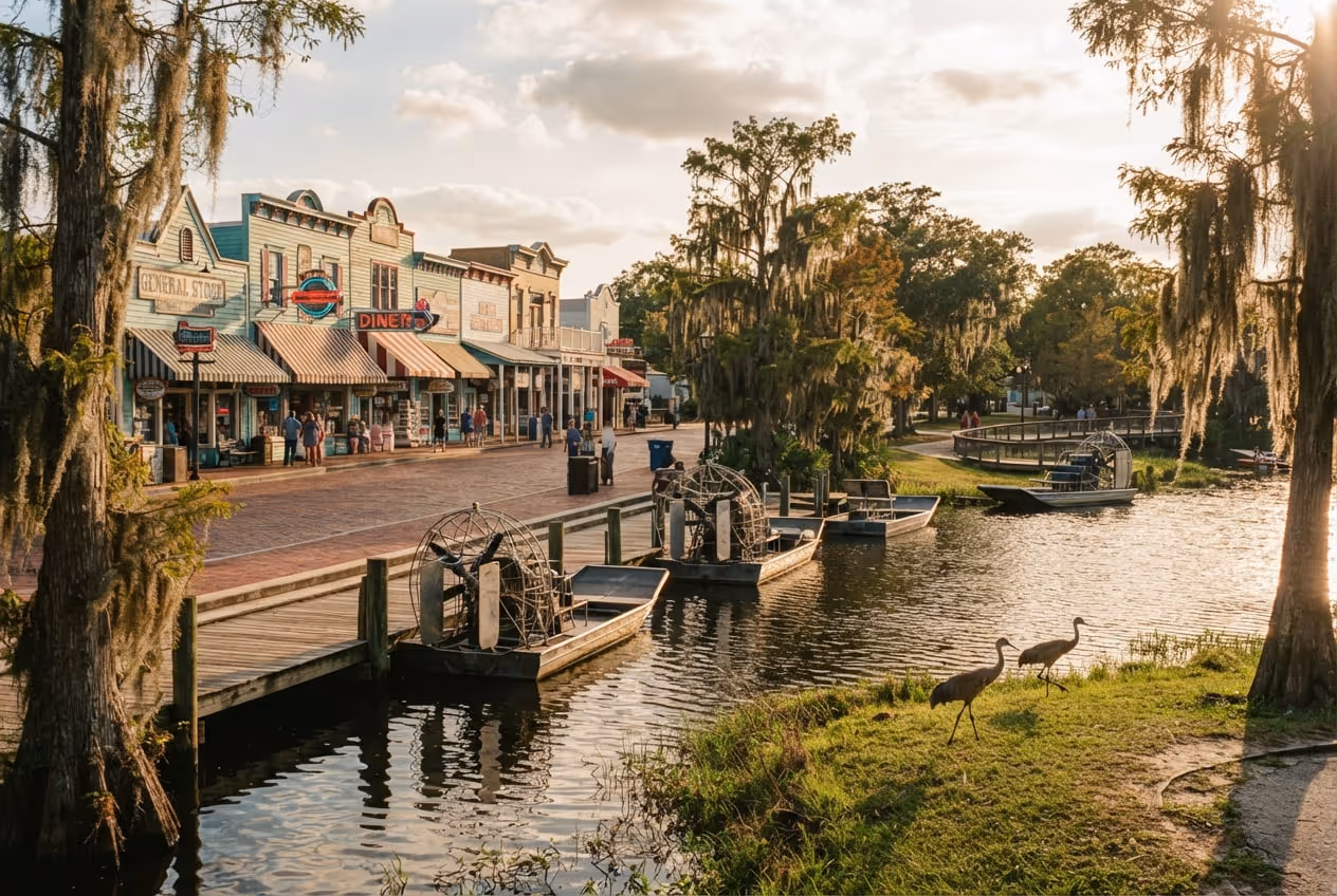 Airboat parado na margem gramada do lago Tohopekaliga em Kissimmee ao amanhecer, com garças e ciprestes ao fundo