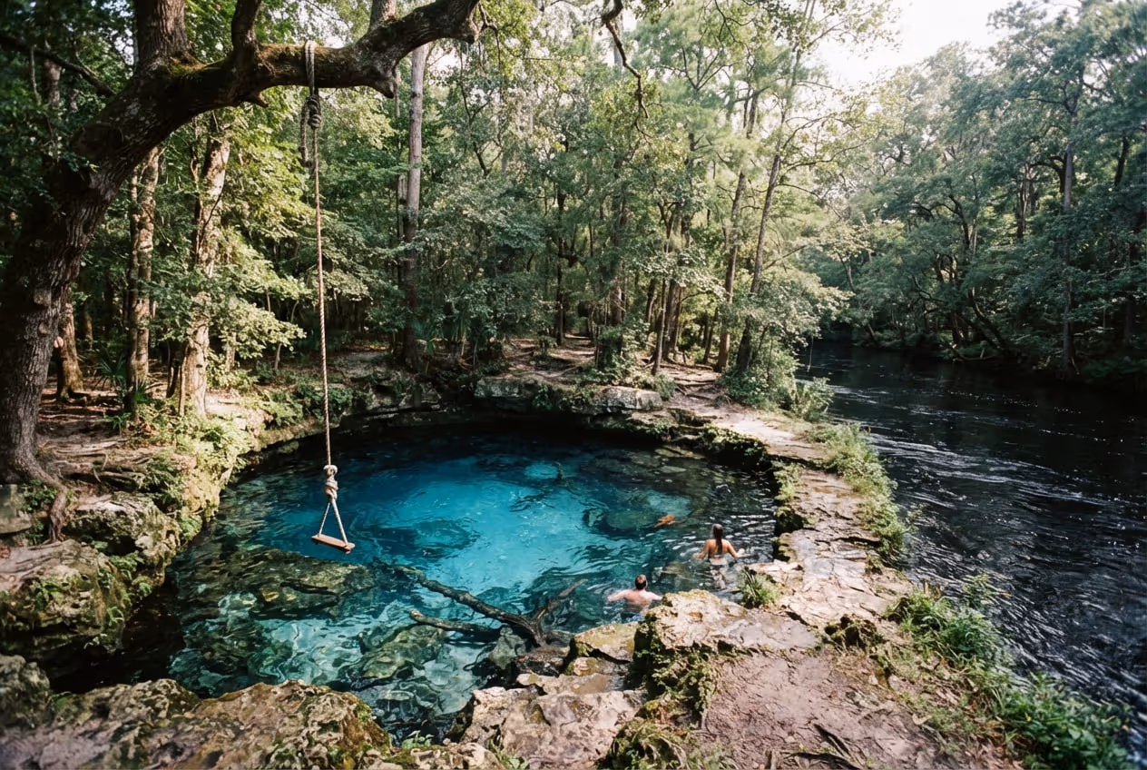 Piscina circular de água azul intensa de Madison Blue Spring cercada por rocha calcária e mata na margem do rio Withlacoochee