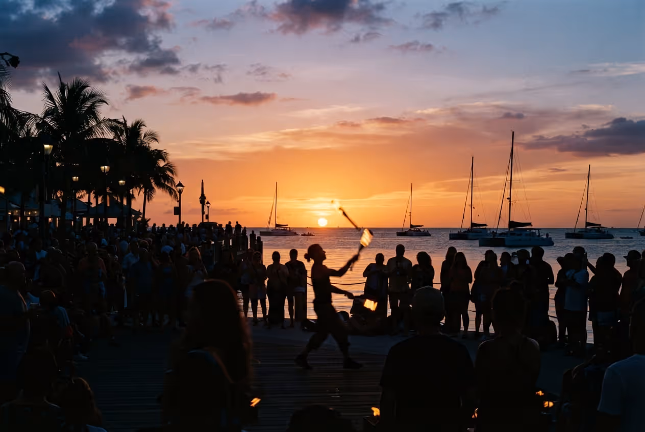 Multidão reunida no calçadão de Mallory Square com artistas de rua e veleiro cruzando o sol baixo sobre o mar