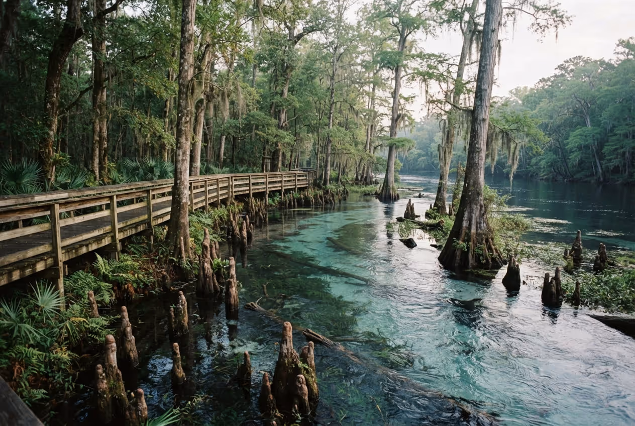 Passarela de madeira sobre a água clara de Manatee Springs atravessando um bosque de ciprestes até o rio Suwannee