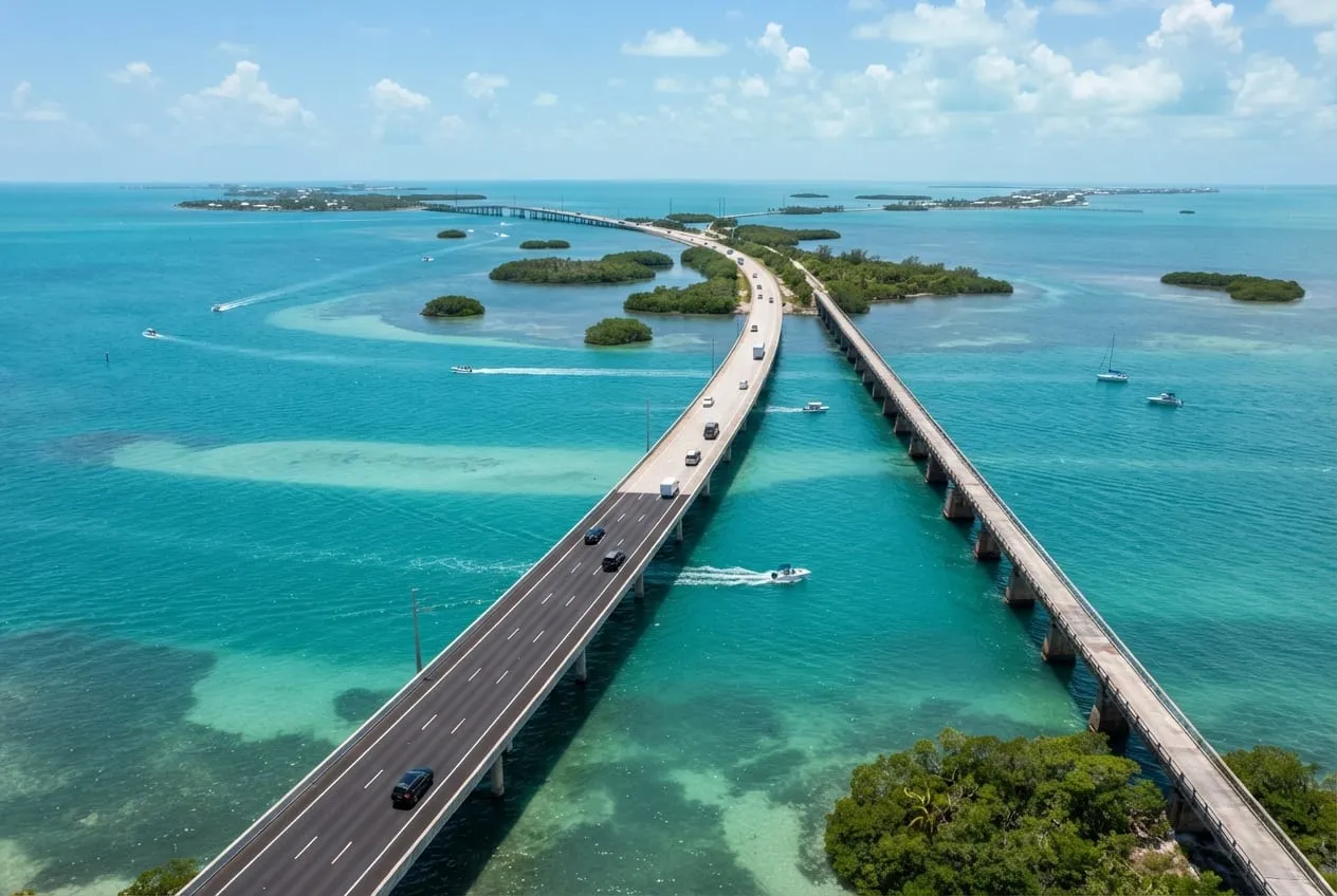 Ponte longa e baixa cruzando água turquesa entre ilhotas verdes, com a ponte antiga quebrada correndo ao lado