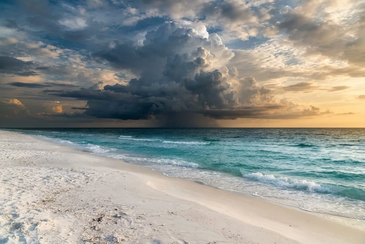 Praia deserta no fim da tarde com uma parede de nuvem escura ao largo sobre água turquesa