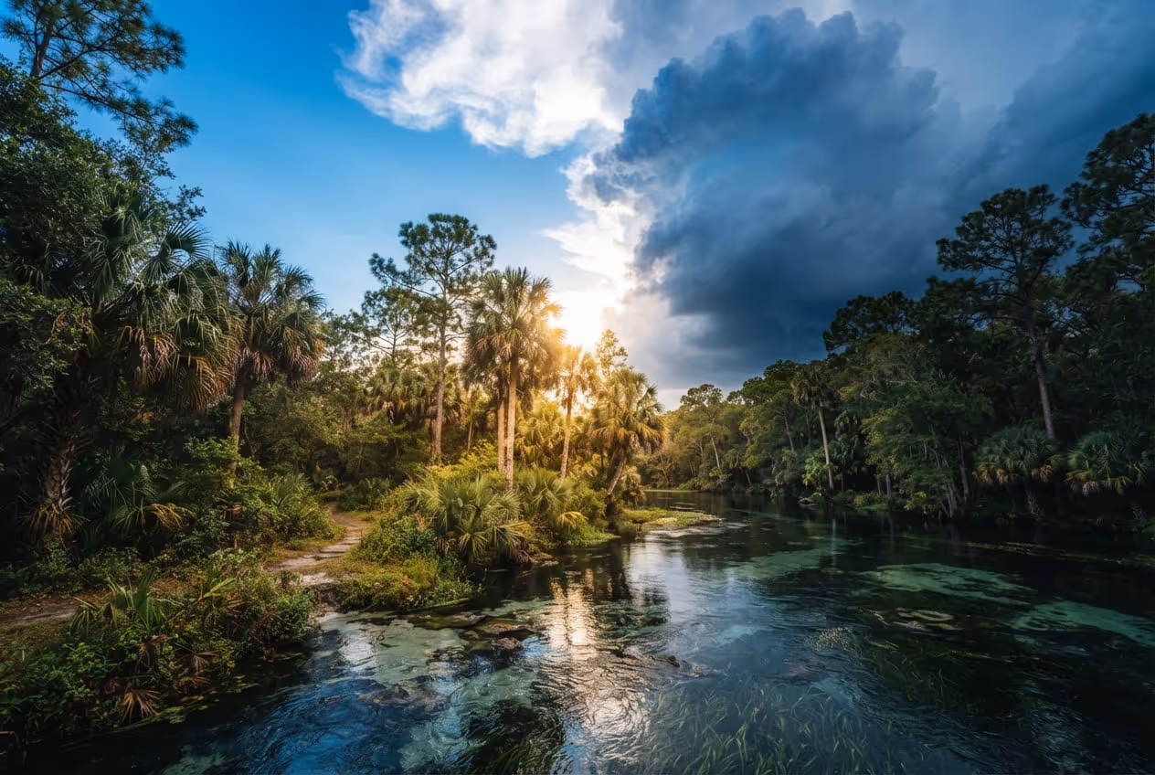 Céu de fim de tarde com nuvens de tempestade se formando sobre uma paisagem plana da Flórida