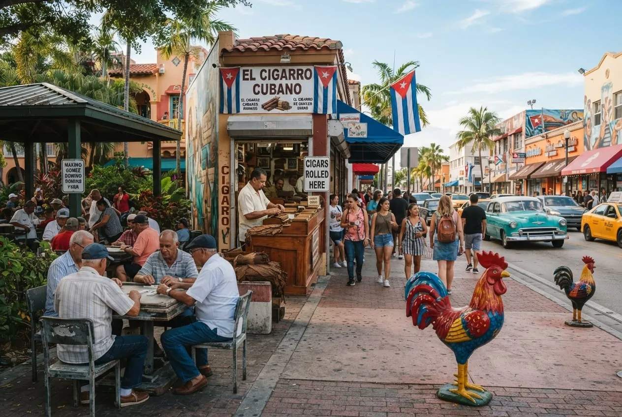 Mesas de dominó ao ar livre na Calle Ocho, com charutaria e galos coloridos pintados na calçada